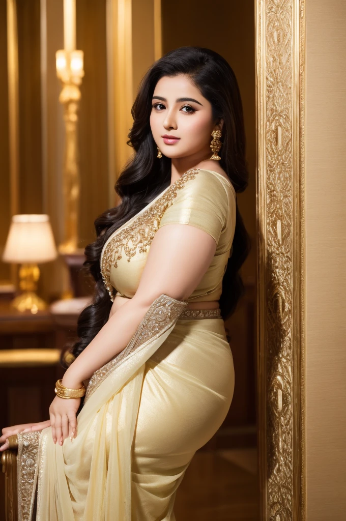 1 Heavenly beautiful and goddess beauty cute and sweet looking face Arabian woman in front of Chengdu, China, Heavenly beautiful Overweight, Heavenly beautiful Extremely fat, Heavenly beautiful and attractive Chubby figure , Heavenly beautiful looking and eye catching luxury style saree , reaching out, Heavenly beautiful Arabian woman, 16k, High resolution, masterpiece, highest quality, fine skin, close up figure view, Realistic Photograph