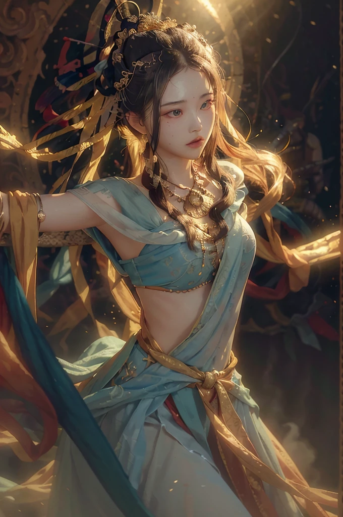 (RAW photo, best quality), (realistic, photo-realistic:1.3),best quality,highly detailed,masterpiece,ultra-detailed,illustration,1girl,upper_body,dynamic angle,world masterpiece theater,messy_long_hair,best quality,extremely detailed CG unity 8k wallpaper,ink,Amazing,cinematic lighting,lens_flare,,dunhuang_style