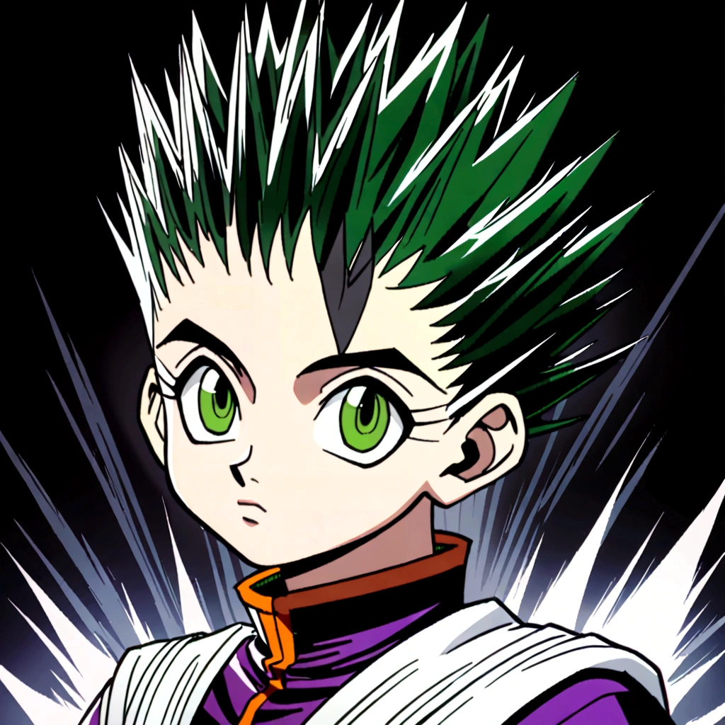 14 year old black spiky haircut boy with green eyes wearing black and white cultist clothes in hunter x hunter art style