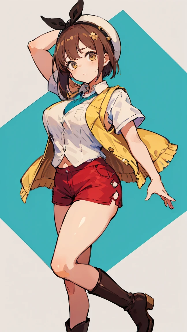 (Highest quality, 8K, masterpiece :1.3),Lizaリン・シュタウト(Lizaのアトリエ),Liza,Plump, One woman,Large Breasts,short hair,Brown Hair,hair band,Clothing,hat,White shirt,Yellow and white vest,Red shorts,Brown long boots,Full Nelson,Leg spread