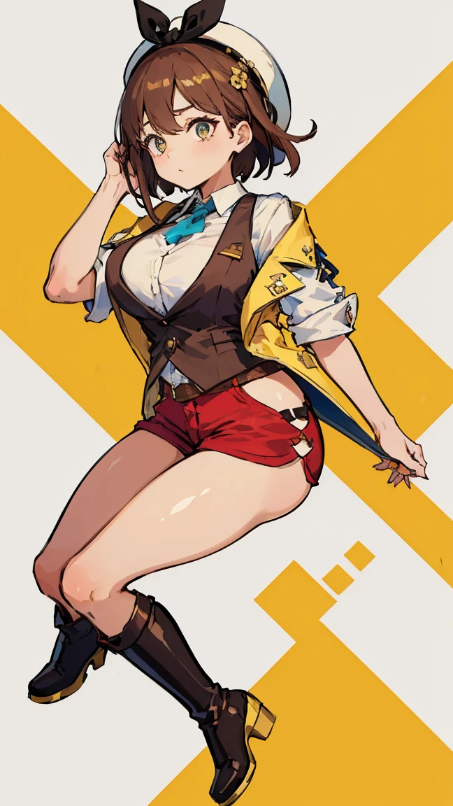 (Highest quality, 8K, masterpiece :1.3),Lizaリン・シュタウト(Lizaのアトリエ),Liza,Plump, One woman,Large Breasts,short hair,Brown Hair,hair band,Clothing,hat,White shirt,Yellow and white vest,Red shorts,Brown long boots,Full Nelson,Leg spread