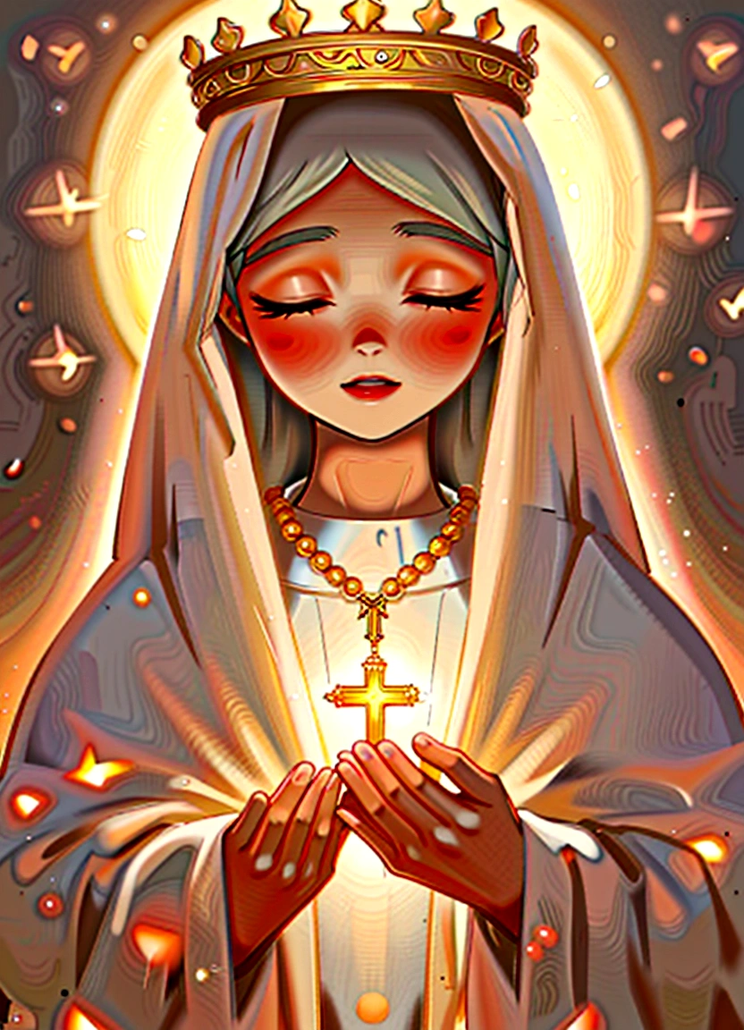 Cartoon image of a woman wearing a crown and a cross, Holy Light線, Holy Radiance, Gweiz-style artwork, Virgin Mary, Artjam and Athi Gairan, Holy Light, Holy Light輪, Gweitz masterpiece, By Atey Gairan, glowing holy aura, Just a joke, Holy Light rays, The Majestic Saint, Heavenly glow,((Perfect hands)),((Has a large crystal))