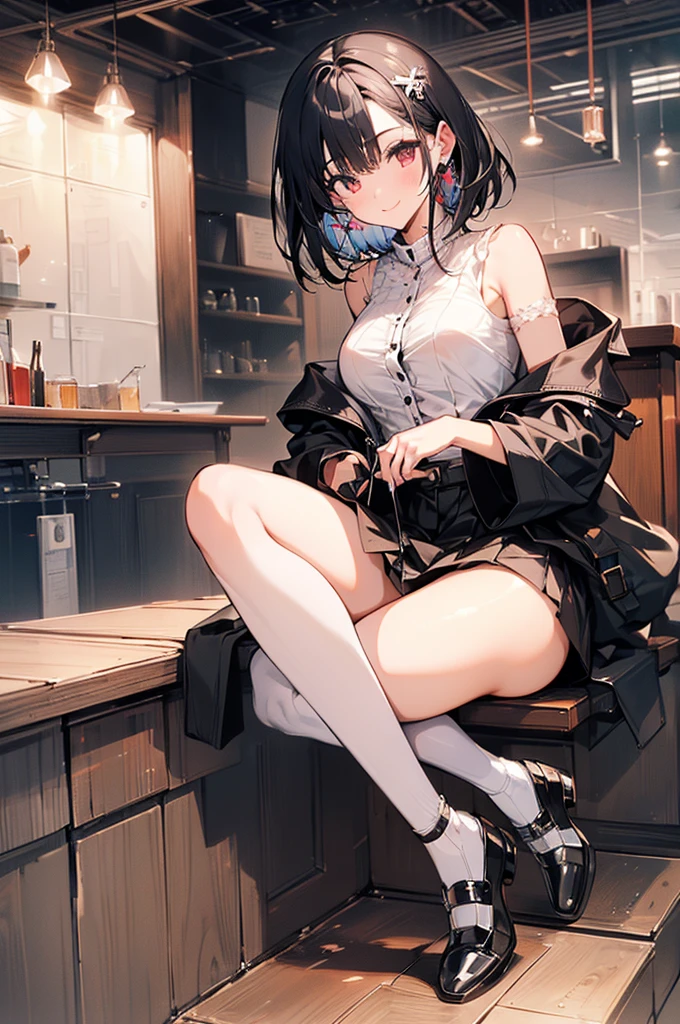 (masterpiece, highest quality, highest quality, (No text), Beautiful and aesthetic:1.2),No text,アニメ、 high resolution　BREAK,One Girl，Short black hair　Tree Eyes　Beautiful eyes　Red eyes　Beautiful girl　cool　smile　Black Coat　mini skirt　Whole body　Night view　Detailed eyes and face