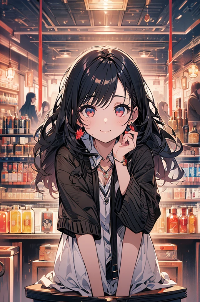 (masterpiece, highest quality, highest quality, (No text), Beautiful and aesthetic:1.2),No text,アニメ、 high resolution　BREAK,One Girl，Short black hair　Tree Eyes　Beautiful eyes　Red eyes　Beautiful girl　cool　smile　Black Coat　mini skirt　Whole body　Night view　Detailed eyes and face