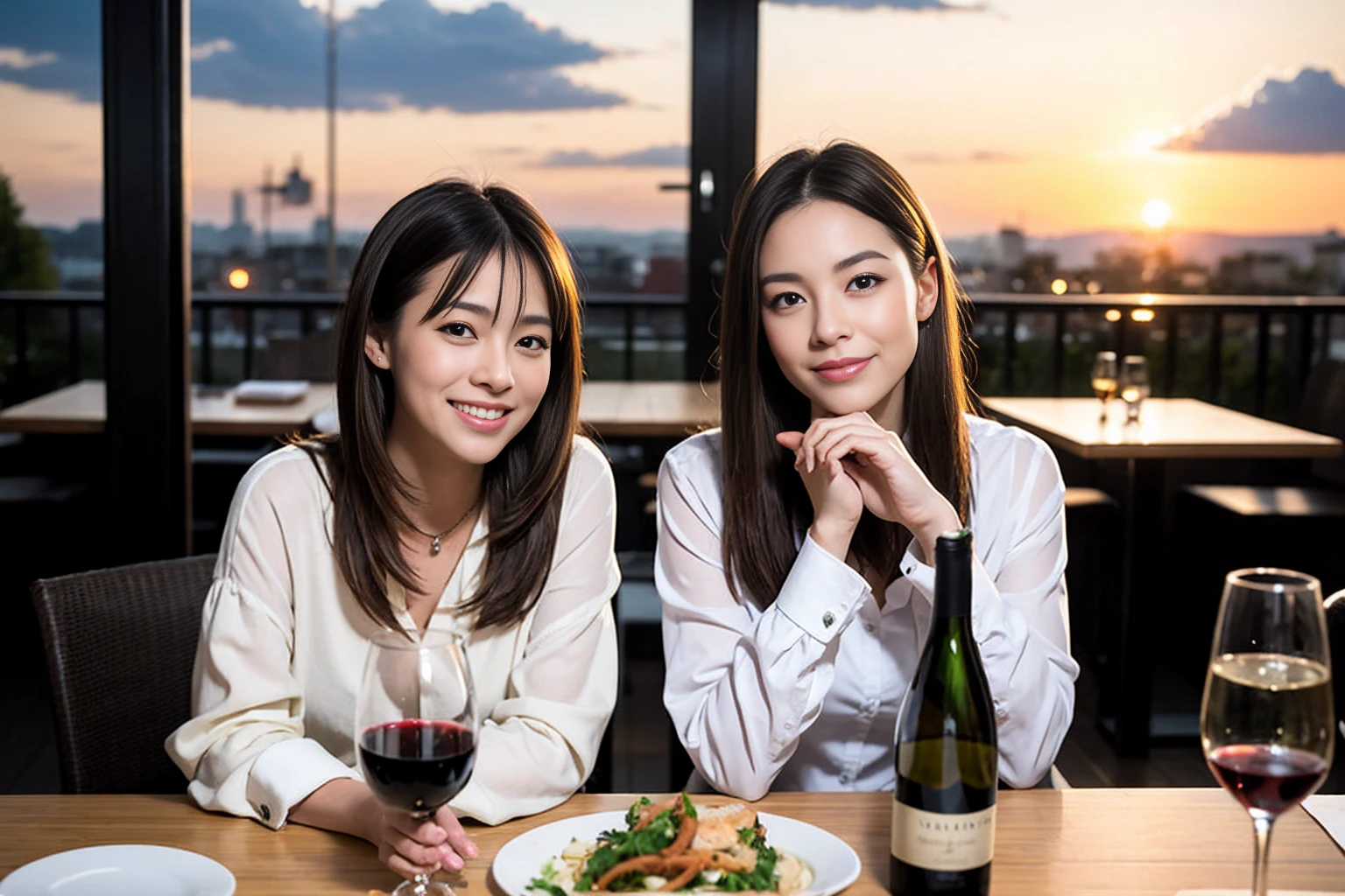 ((Highest quality、、masterpiece:1.3))、1 male、1 female、Miki Nakatani、Beautiful couple、smile、full-course dinner、 (Slim face), (the body is スリム), (Brown Hair), (Shortcuts), ((Bob Hale、Straight hair:1.2)), テーブルの上のwine glass、Put the light on your face、 Amazing view of the sunset sky and clouds、smileの美しさ、Bright image、Blushing, Shortcuts, (43 years old), 39 years old, Appetizers、Italian food、Wine bottle、Champagne、sparkling wine、Long sleeve shirt、dress、Attractive beauty、restaurant, Nova Frog Style, actress, model, Upper Body, White wine, red wine, wine glass, 