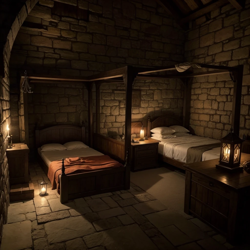 Rpg inside medieval room with a bed front view at night