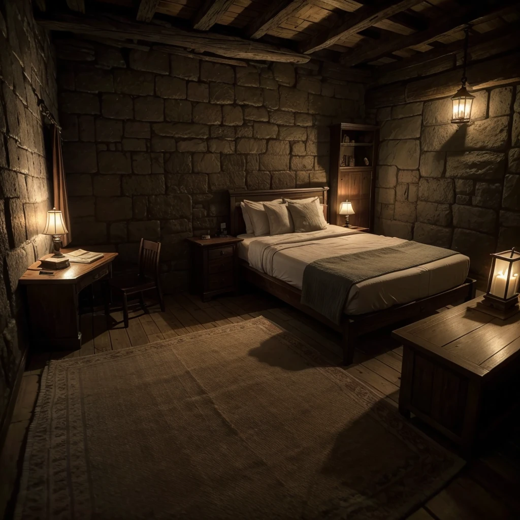 Rpg inside medieval room with a bed front view at night