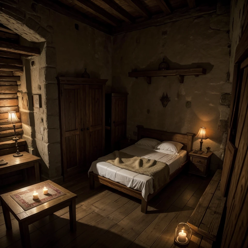 Rpg inside medieval room with a bed front view at night