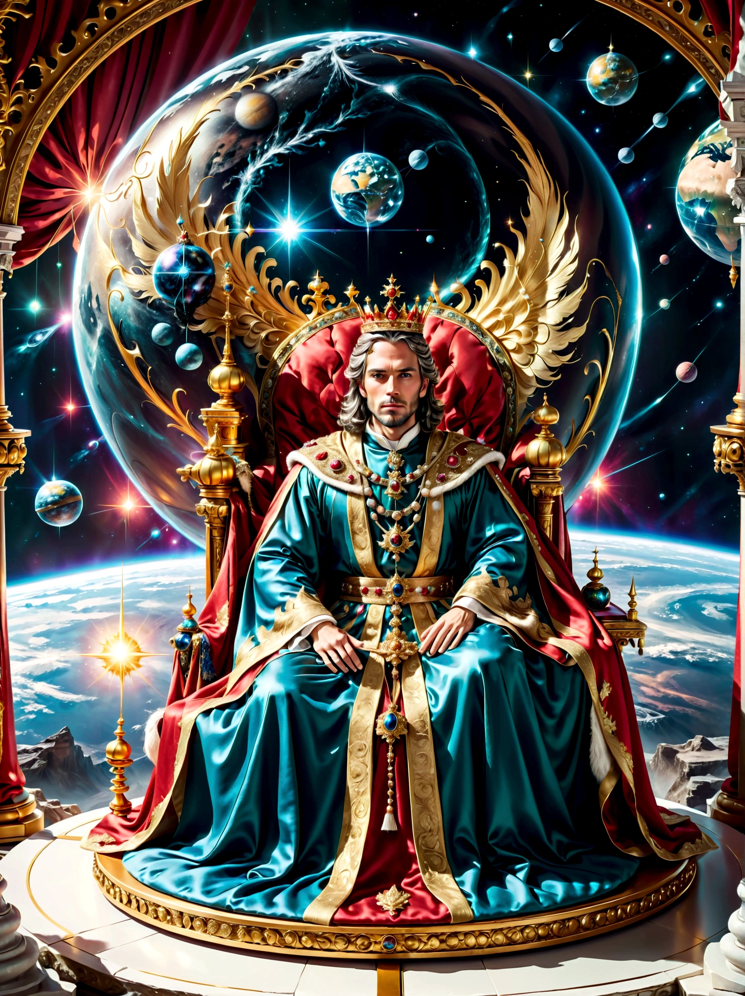 A royal figure in a lavish robe, adorned with a large crown, is seated on a throne. The setting is otherworldly and surreal, located in the vast expanse of space. The figure is perched on a miniature planet that's enveloped entirely by the rich fabric of the robe, reflecting an element of royal extravagance