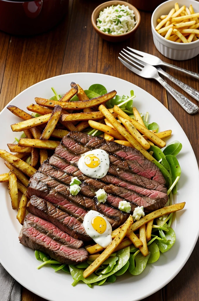 Please, I want the AI to generate an image of a plate of food consisting of a juicy steak of meat, golden fries and a fresh salad, all struck by lightning that falls directly on the steak. I would like the image to be as realistic as possible