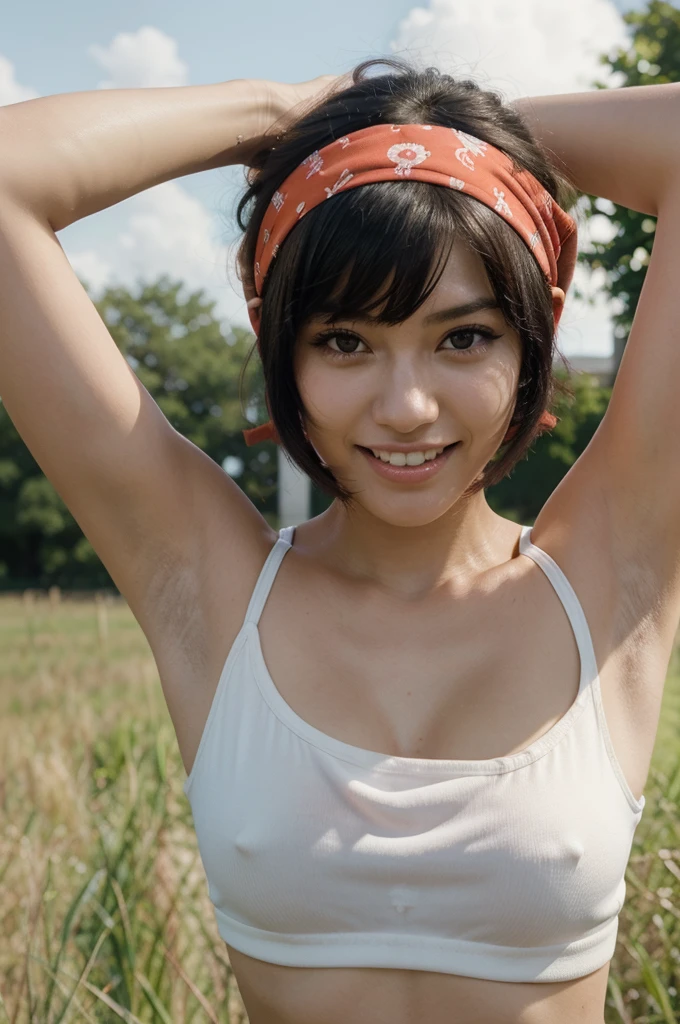 source_anime, score_9, score_8_up, score_7_up, anime screencap,
pangt, 1girl, solo, smile, open mouth, bangs, happy, grass, black hair, field, collarbone, upper body, :d, teeth, blunt bangs, outdoors, black eyes, arm up, eyelashes, upper teeth only, happy, red crop top, facing viewer, close-up, bandana, retro artstyle, , 1990s \(style\), orange headwear, tongue, raised eyebrows, arms up, short hair,