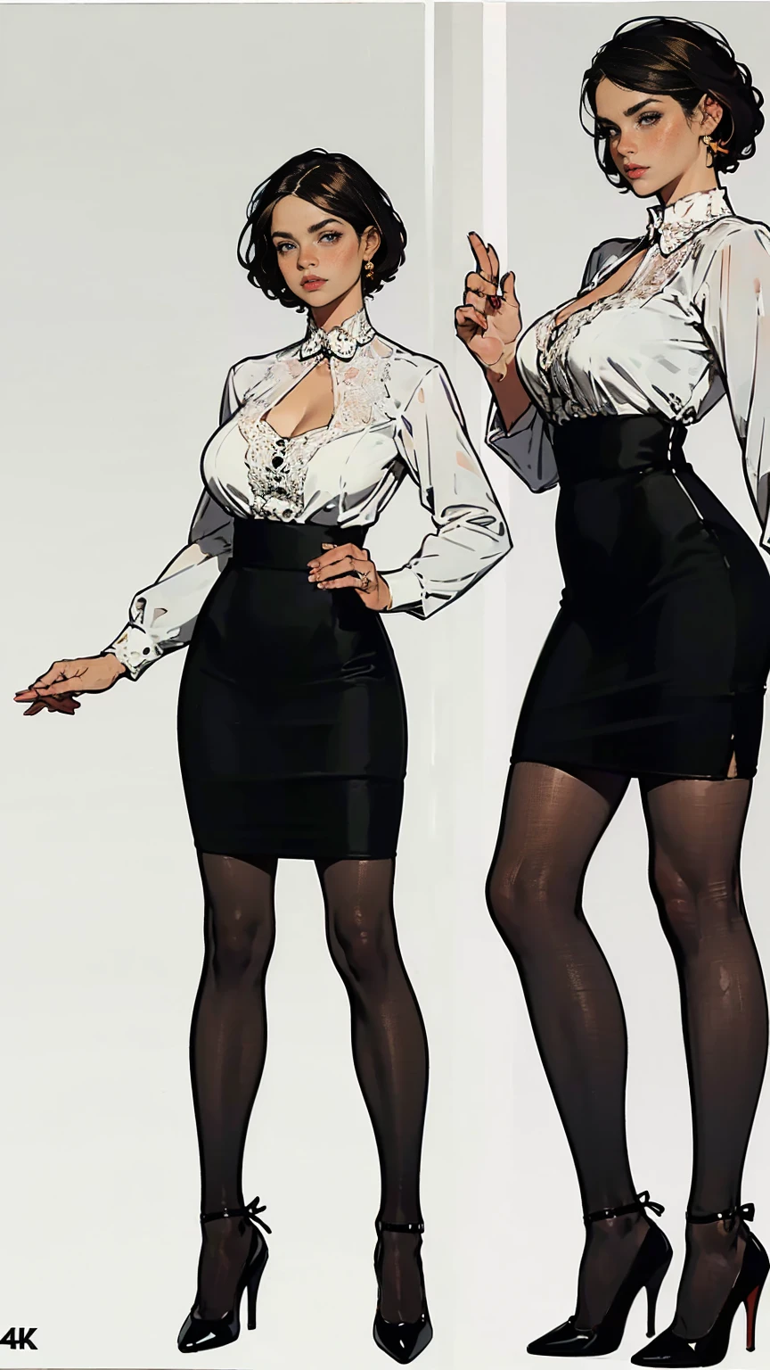 ((best quality,4k,highres,masterpiece:1.2)),((character concept art)), 1 female, 33-year-old university teacher, ((elegant, ethereal beauty, busty)), brunette hair, (fair skin colour), ultra finely detailed eyes (hazel eyes colour), hot, intelligent, educational enthusiast, slim body build, ((intricate detail)), super finely detailed hands, ultra finely detailed fingers(((ten fingers))), wearing outfit:((form-fitting blouse, very short pencil skirt, high heels, black stockings)), (standing professionally), (full body showcase), (show full body), (no logos on background), (no logo), ((plain background)), ((plain background)), (((empty background)))