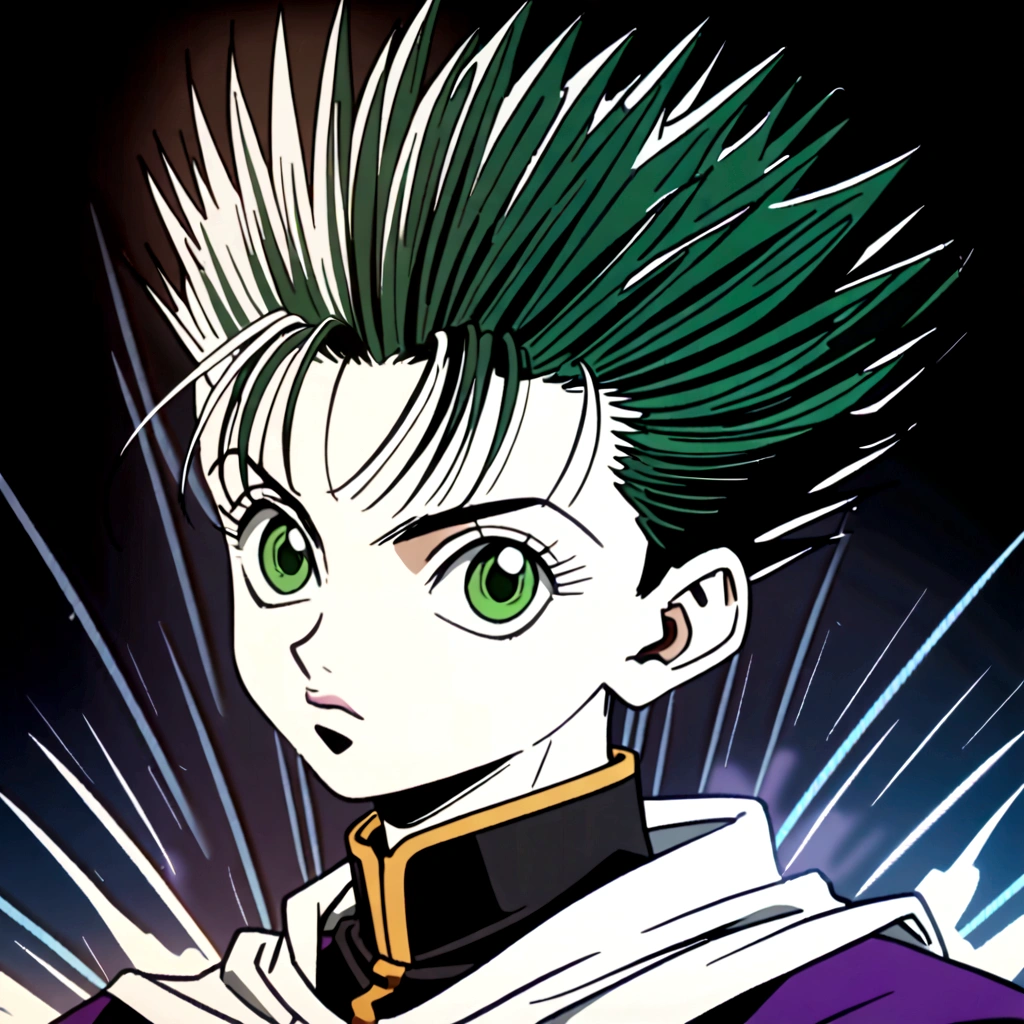  black haircut boy with green eyes wearing black and white cultist clothes in hunter x hunter art style