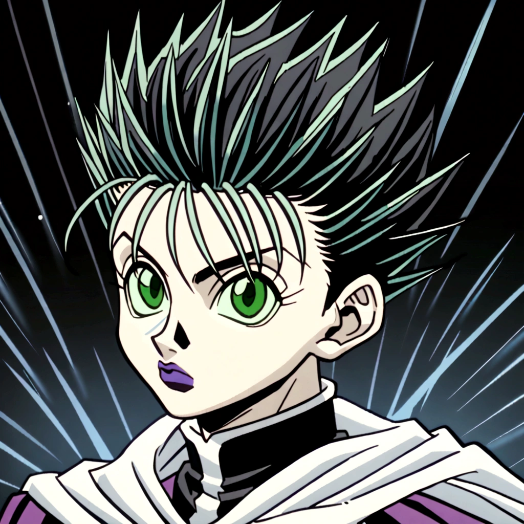  black haircut boy with green eyes wearing black and white cultist clothes in hunter x hunter art style