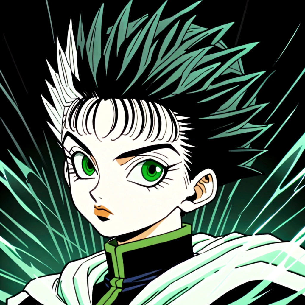 14 year old black haircut boy with green eyes wearing black and white cultist clothes in hunter x hunter art style