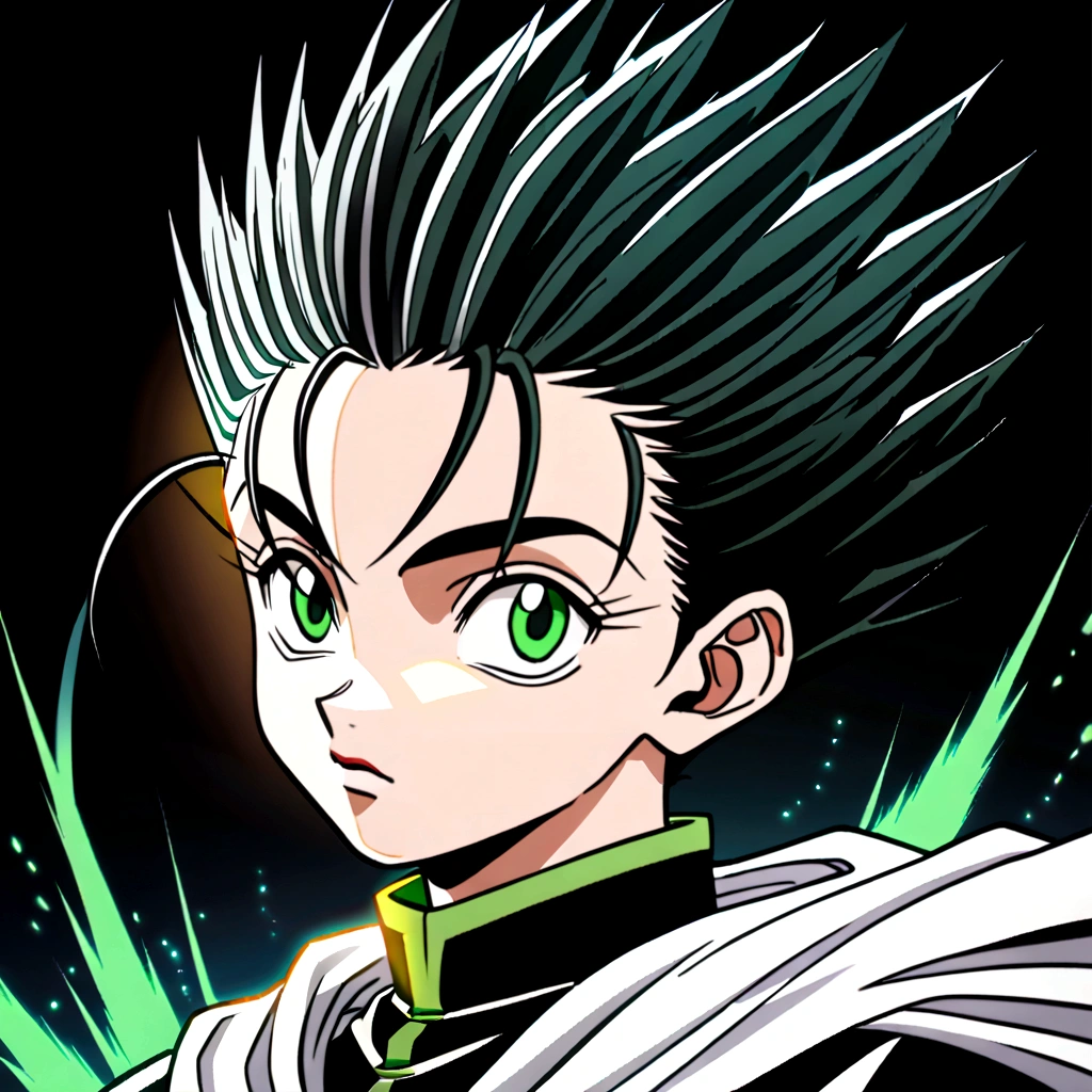  black haircut boy with green eyes wearing black and white cultist clothes in hunter x hunter art style