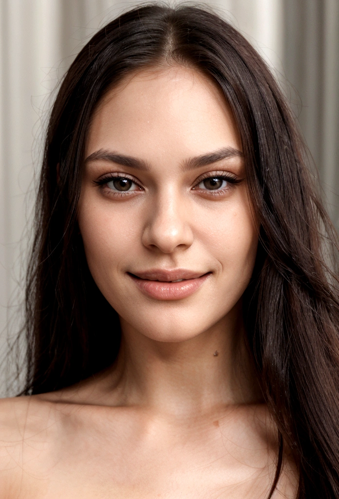 Beautiful woman in closeup, with a tender smile, extremely straight hair, black hair, long hair, (Close up) wide jaw, realistic photography, ultra realistic image, very sharp image, high quality, The best quality. extremely straight hair, extremely straight hair.