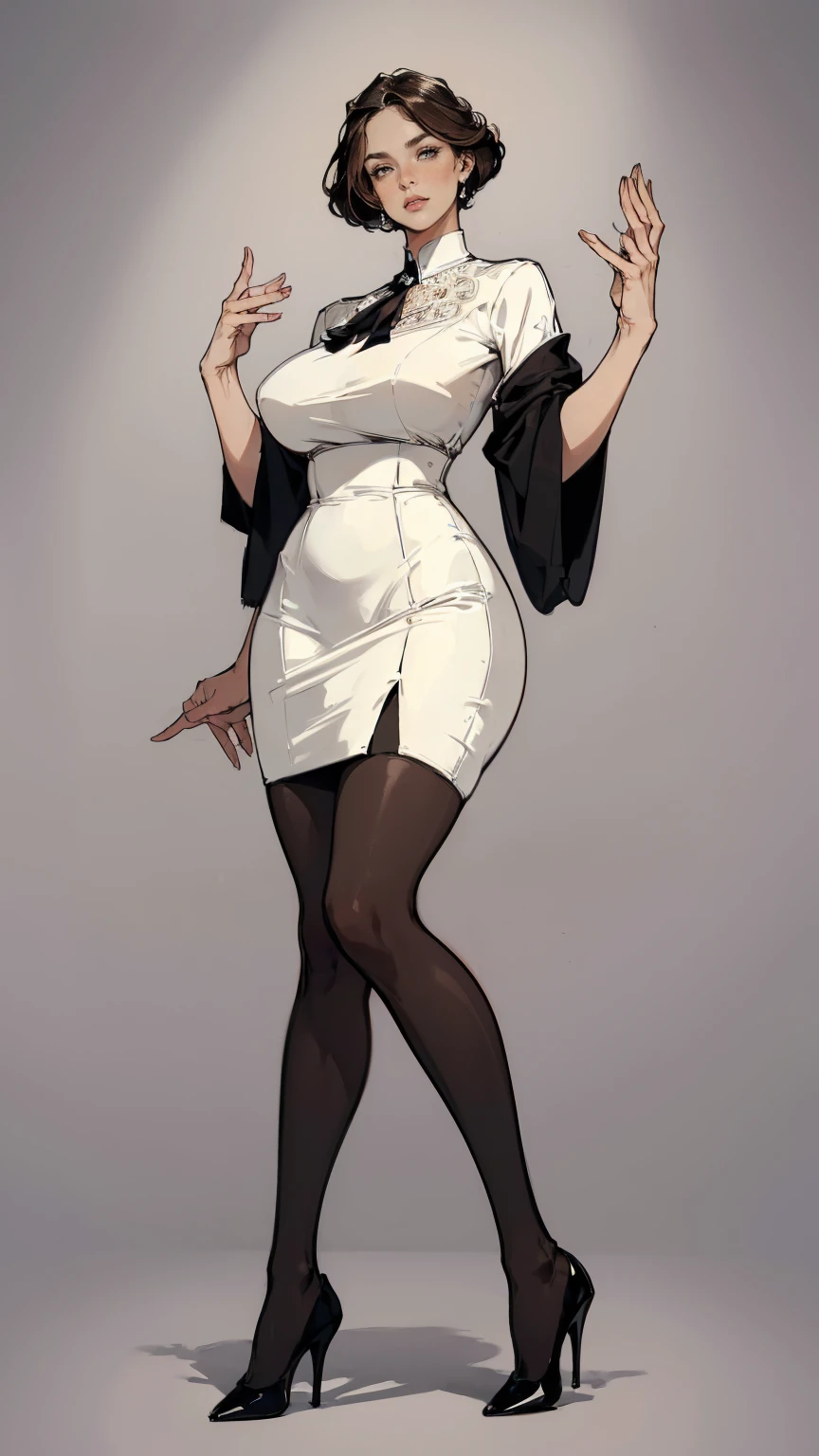 ((best quality,4k,highres,masterpiece:1.2)),((character concept art)), 1 female, 33-year-old university teacher, ((elegant, ethereal beauty, busty)), brunette hair, (fair skin colour), ultra finely detailed eyes (hazel eyes colour), hot, intelligent, educational enthusiast, slim body build, ((intricate detail)), super finely detailed hands, ultra finely detailed fingers(((ten fingers))), wearing outfit:((form-fitting blouse, very short pencil skirt, high heels, black stockings)), (standing professionally), (full body showcase), (show full body), (no logos on background), (no logo), ((plain background)), ((plain background)), (((empty background)))