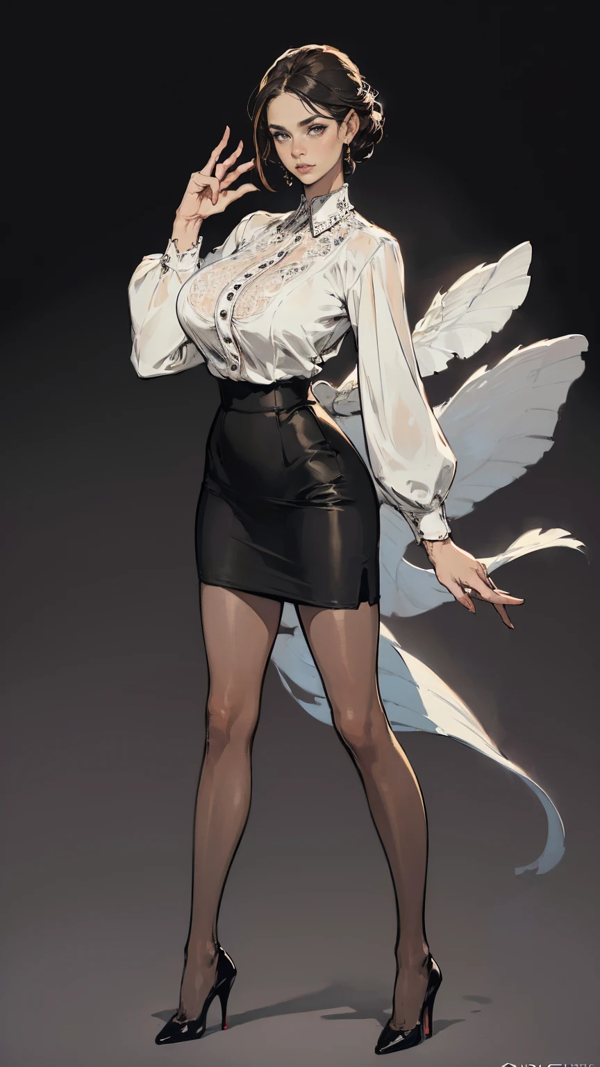 ((best quality,4k,highres,masterpiece:1.2)),((character concept art)), 1 female, 33-year-old university teacher, ((elegant, ethereal beauty, busty)), brunette hair, (fair skin colour), ultra finely detailed eyes (hazel eyes colour), hot, intelligent, educational enthusiast, slim body build, ((intricate detail)), super finely detailed hands, ultra finely detailed fingers(((ten fingers))), wearing outfit:((form-fitting blouse, very short pencil skirt, high heels, black stockings)), (standing professionally), (full body showcase), (show full body), (no logos on background), (no logo), ((plain background)), ((plain background)), (((empty background)))