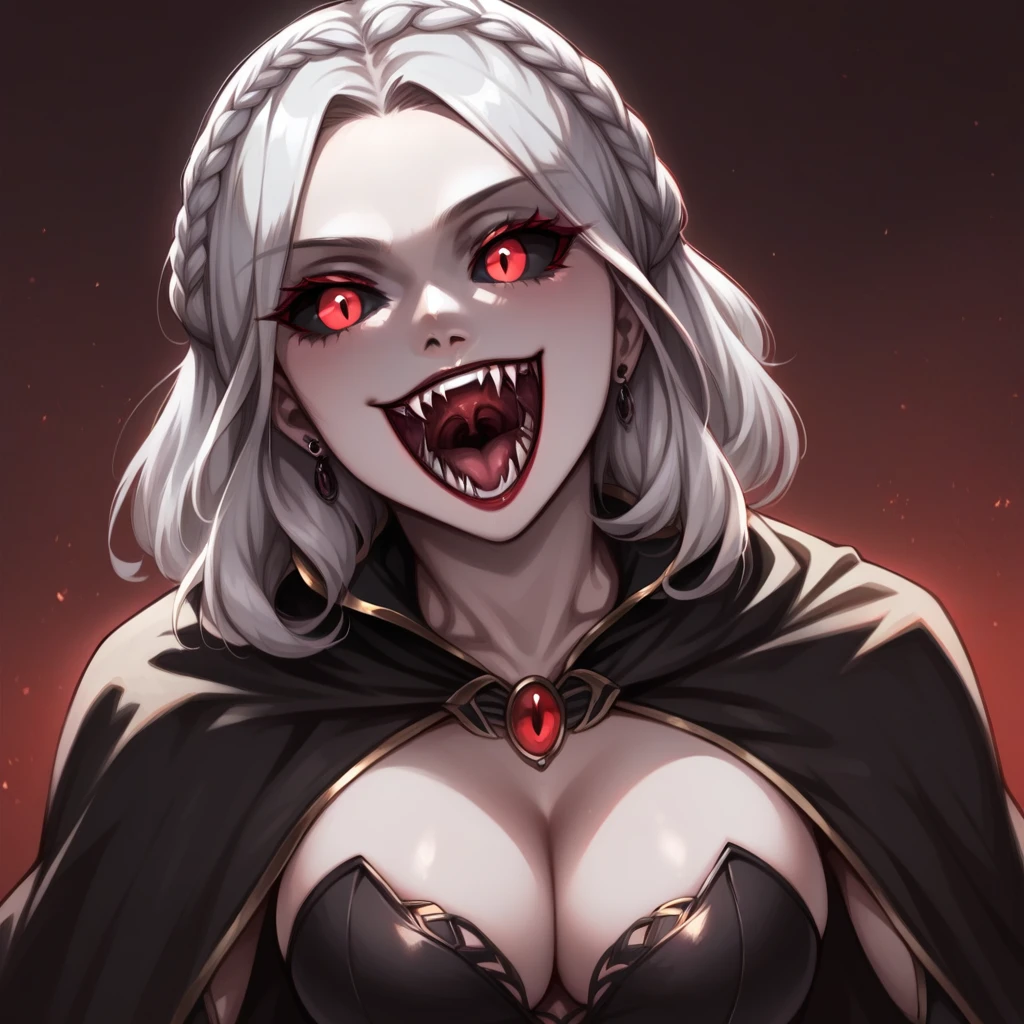 Serana, 1girl, breasts, cleavage, solo, black_hair, braid, fangs, vampire, smile,  cape, medium_breasts, cleavage, black_sclera, colored sclera, , detailed mouth, mesmerizing mouth, high definition mouth, focus on face, best quality, detailed, absurd resolution, absurd detail, intricate details, vibrant colors, ultra-realistic,  open mouth,