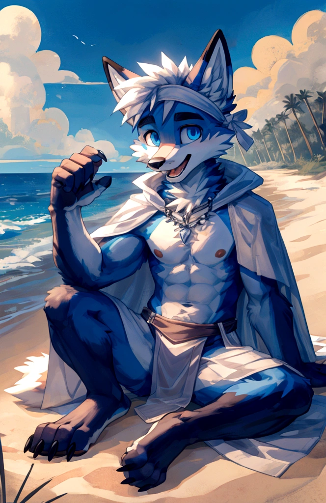a teenanger,solo,freshmen,young people,white hair, nipples,fox, blue eyes, masterpiece, blue fur, clean face,
thick eyebrows, detailed eyes, anthro, hand, claw, headband,white underwear, white cape,outdoor,lying down,open mouth,greetings,saying hello,looking at viewer,necklace,wrist guard,seaside,white loincloth
