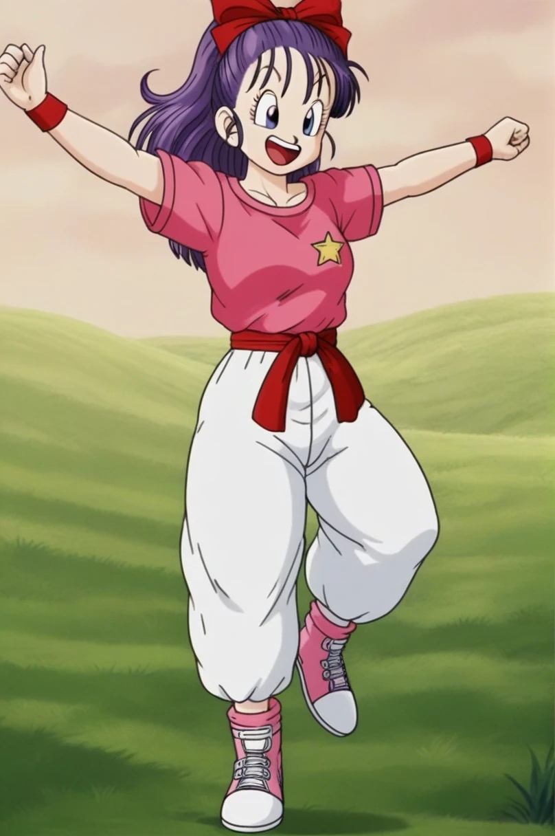 sauce_anime, score_9, score_8_superior, score_7_superior, anime screencap, Bloomers \(Dragon Ball\), One girl, alone, View your viewers, smile, Open your mouth, Brown eyes, Field, Outstretched Hand, leg superior, whole body, Outdoor, null, shoes, Baggy pants, Outstretched arms, Day, shoes下, cloud, blue null, Long shirt, Short-sleeved shirt, Purple Hair, one side superior, Wristband, sneakers, Pink footwear, purple shoes下, arm superior, clavicle, Eyebrow, eyelash, Jumping, nail, Semi-long hair, Look to the side, Clenched hands, raised Eyebrow, 中null, tongue, teeth