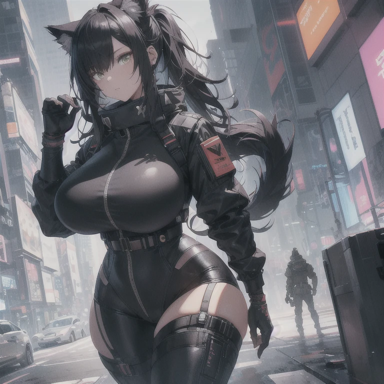 top-quality、Top image quality、masterpiece、Mecha Girl((18year old、Black and gray mechanical parts、Robot joints,Black tights,Bust 100、A dark-haired、Staring at the viewer、 wide open,Large valleys、、Blue Eye、Dye cheeks、fighting poses))hiquality、depth of fields、Background with((World of the Apocalypse、Black sky))、Depth((planet earth)), nsfw. 70% nude