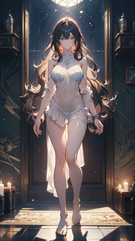 ((masterpiece, best quality)), Delicate face,JK style,Perfect body proportions,Large Breasts,Long legs,Long wavy hair,beautiful eyes,Fantasy style,Extremely beautiful,Transparent naked body