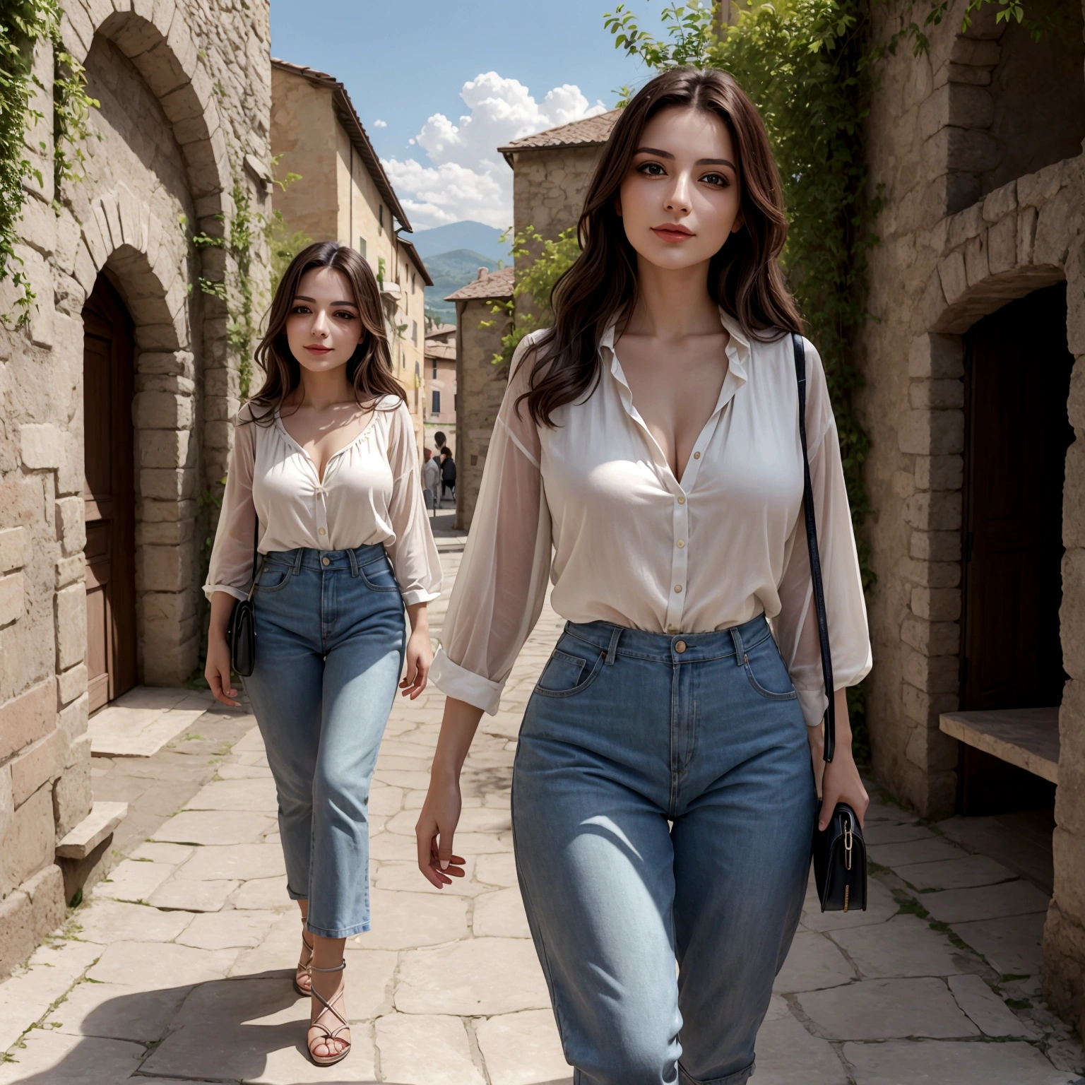 gorgeous italian woman, casual outift, happy, realistic photography, full hd 4k, (walking at nature), dslr realistic colors, close-up
