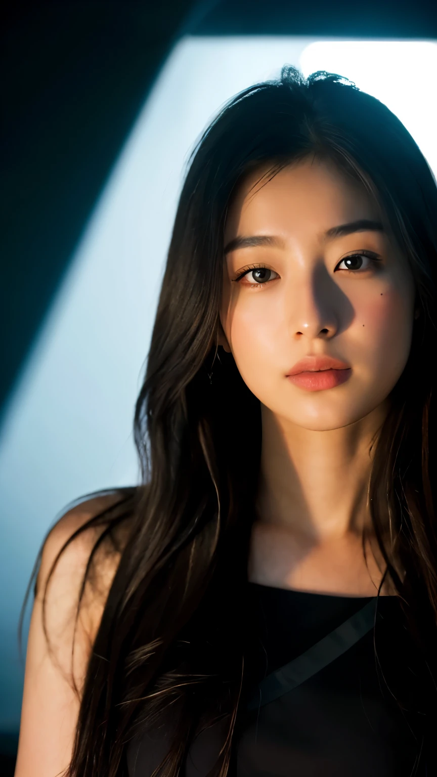 best quality, Spectacular and realistic, ((in the pitch black darkness :1.4)), ((portrait:1.5)),(background: dark ) High contrast ,好photo, Lowest lux, lighting Face, she is comFortable, Looks, (8K, RAWphoto, best quality),(Spectacular and realistic:1.5), Miss, Face,(Fine eyes:0.8),(Looking at the camera:1.4), (best quality), ( High contrast, Deep Shadows),Intricate details,Movie,((skin:1.4)), (long dark hair:1.3), Long hair, messy ,(Human Development Report:1.5),be Familiar with, color, excellent quality, masterpiece, RAWphoto (20 years old, Looking at the audience), beautiFul, perFection, nature, perFection composition, portrait, perFection Face, 笑Face expression, Charming eyes, Bright details, Close your lips, (高いskinのディテール),, (light blue: 0.6), (Sale: 0.8), master lighting , (Backlight: 0.5), medium depth oF Field, Canon 5D, 50mm lens, F/4 apertures, (Very detailed, Intricate details), sharp Focus, soFt color, 8K, absurd, 80 mm, dark background, photo, 笑Face, Ease ,slim的、slim、Model figure、subtle sensuality