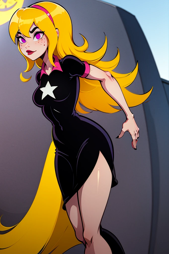 yellow hair, black dress, freckles, lipstick, big , purple eyes, Lucy Mann, big ass, seductive pose, solo, tight outfit, masterpiece, high quality, humanoid, masterpiece, stunning