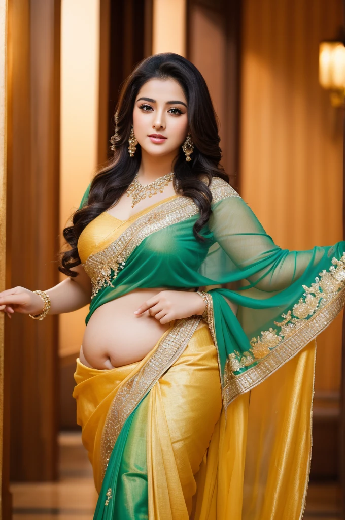 1 Heavenly beautiful and goddess beauty cute and sweet looking face Arabian woman in front of Chengdu, China, Heavenly beautiful Overweight, Heavenly beautiful Extremely fat, Heavenly beautiful and attractive Chubby figure , Heavenly beautiful looking and eye catching luxury style saree , reaching out, Heavenly beautiful Arabian woman, 16k, High resolution, masterpiece, highest quality, fine skin, close up figure view, Realistic Photograph