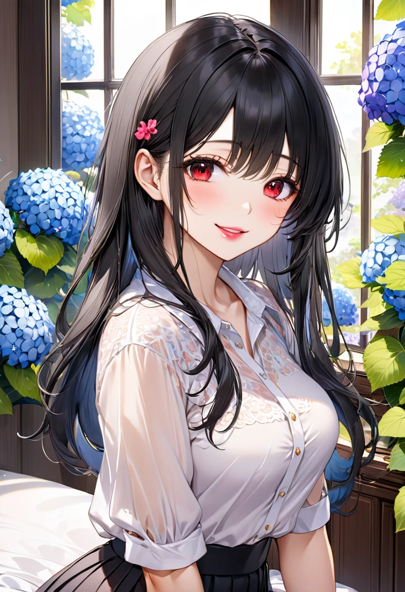 (upper body) (18 yo, solo straight black hair long hair dominance cute girl, detailed cool red eyes, love smile pink lip mouth, big tits), (in a summer blouse, skirt), break, (in the simple bedroom, background Through the window, out side A cluster of hydrangeas), BREAK, perfect anatomy, masterpiece, best quality, 16k, beautiful detailed grow, daydreaming expression.