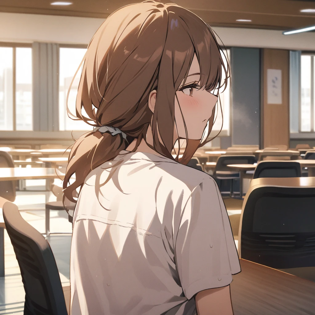A woman with long, fluffy brown hair is cooling off in front of a fan in an empty conference room with her shirt open.