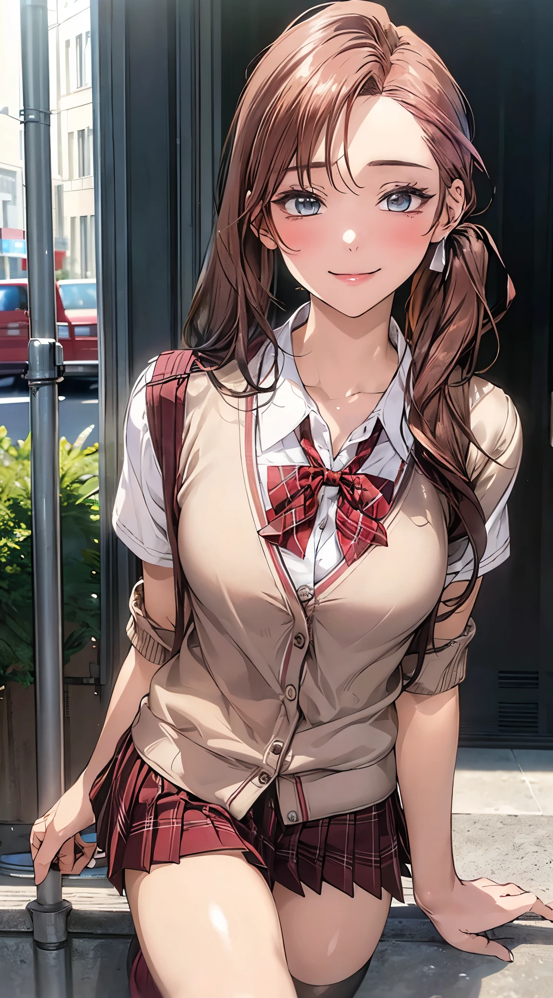 (masterpiece:1.2, Highest quality), (Realistic, photoRealistic:1.4), Beautiful illustrations, Browsing Caution, 
View your viewers, Cowboy Shot, Front view:0.6, 
1 Girl, Japanese, high school girl, Light brown hair, (Long Hair:1.8), (Side Ponytail:1.7), bangs, Hair between the eyes, blue eyes, Large Breasts:0.8, (Thick thighs), 
Beautiful Hair, Beautiful Face, Beautiful attention to detail, Beautiful clavicle, Beautiful body, Beautiful breasts, Beautiful thighs, Beautiful feet, Beautiful fingers, 
(Beautiful views), dawn, lamp post, Sidewalk, 
((Pleated mini skirt, socks, Red private school uniform:1.2, Light pink cardigan, Red Plaid Pleated Skirt, Red plaid bow tie, Red checked hair ribbon)), Pink Panties, 
(want), ((Seductive posture: 1.2, charm: 1.2)), (Idol),
(erotic, sexy, Upward glance, smile), Shiny skin, 
Perfect Face, Cute and symmetrical face, Natural Side Lighting, Cinema Lighting), 
walking,