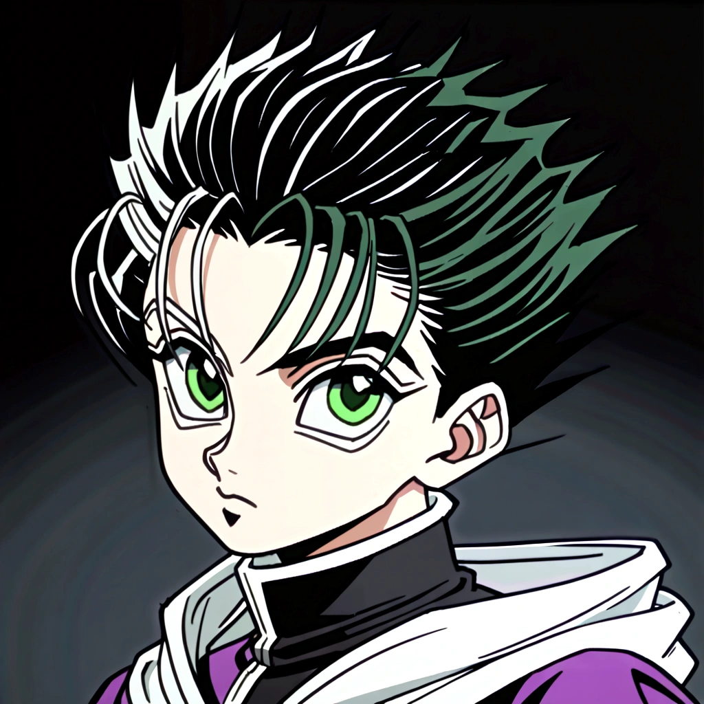 14 year old black haircut boy with green eyes wearing black and white cultist clothes in hunter x hunter art style