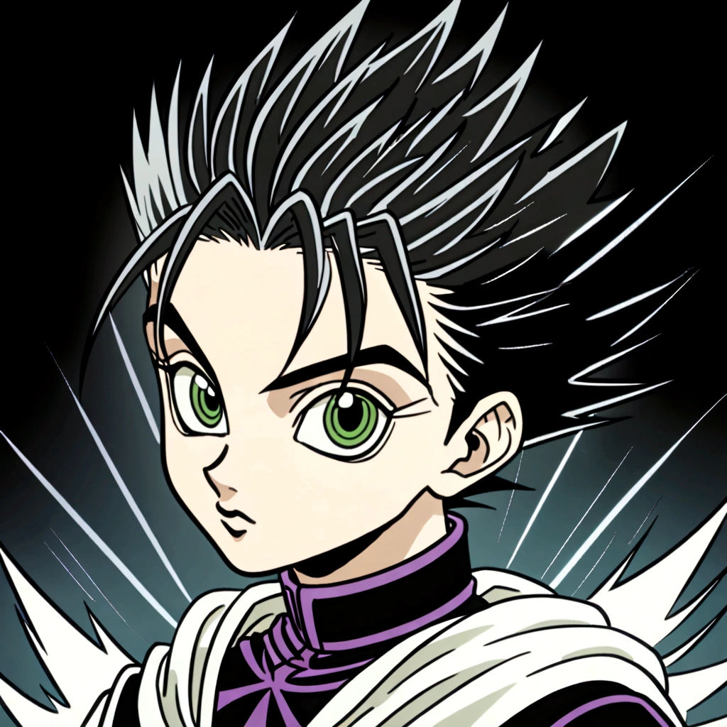 14 year old black haircut boy with green eyes wearing black and white cultist clothes in hunter x hunter art style