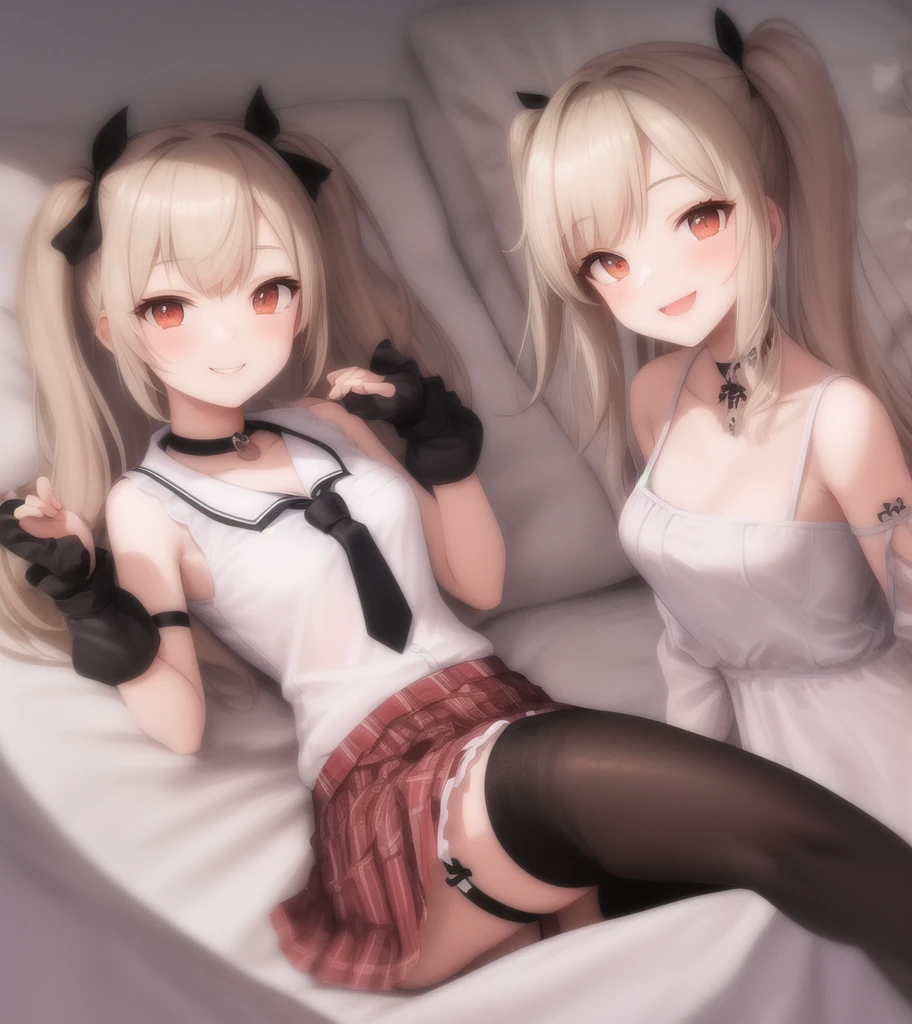 marie rose, 1girl, small breasts, black choker, white shirt, necktie, plaid skirt, wristband, detached sleeves, black thighhighs, garter straps, smile, v, hand up,upper body,, masterpiece,best quality,