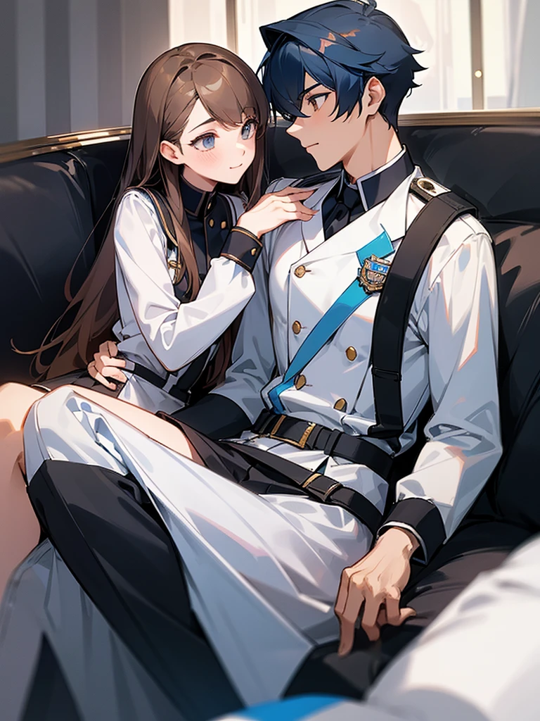 Boy, male, high school student, handsome, cool, girl next to him, cute, beautiful, couple, lovey-dovey, both in uniform, next to each other, two people, together