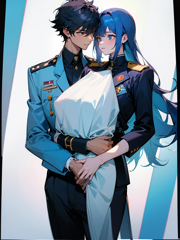 Boy, male, high school student, handsome, cool, girl next to him, cute, beautiful, couple, lovey-dovey, both in uniform, next to each other, two people, together