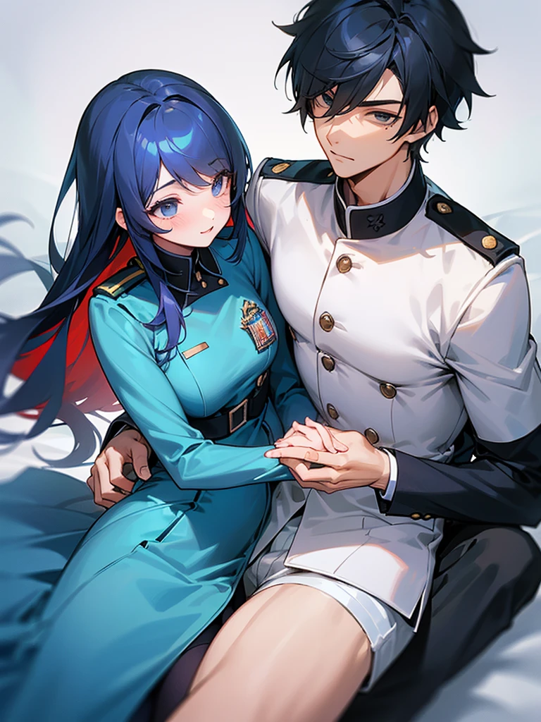 Boy, male, high school student, handsome, cool, girl next to him, cute, beautiful, couple, lovey-dovey, both in uniform, next to each other, two people, together