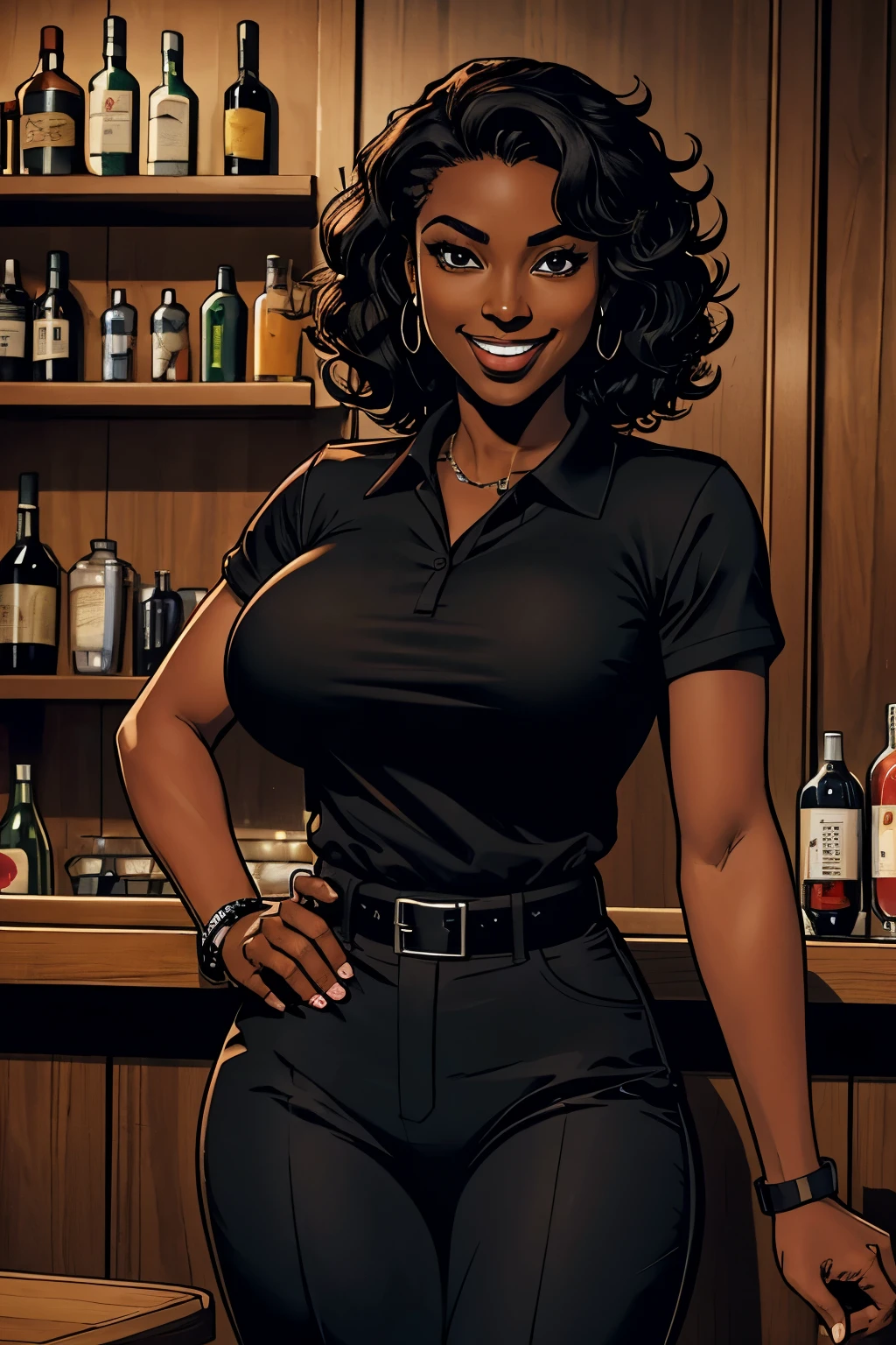 Cardinal, a gorgeous bartender woman with (dark skin) wearing a black polo, tight slacks.  Athletic, huge breasts, wide hips. Short curly black hair, mixing a drink. Smiling. Confident.