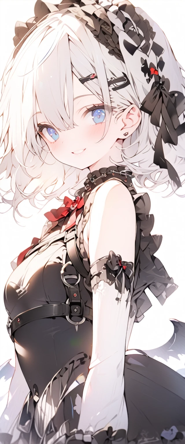 beautiful, masterpiece, Highest quality, anime, One girl, C Cup,Portrait Shot, View your viewers, Covered、Short Hair、nearby、Blue Eyes、art、、White hair,Blue streaked hair、wallpaper、hairpin、Cute smile、Thigh、 blue sky、Gothic Lolita、Gothic Lolita、Body stockings、Underskirt、Platform long boots、Full Harness、Body Harness、Blue Mesh