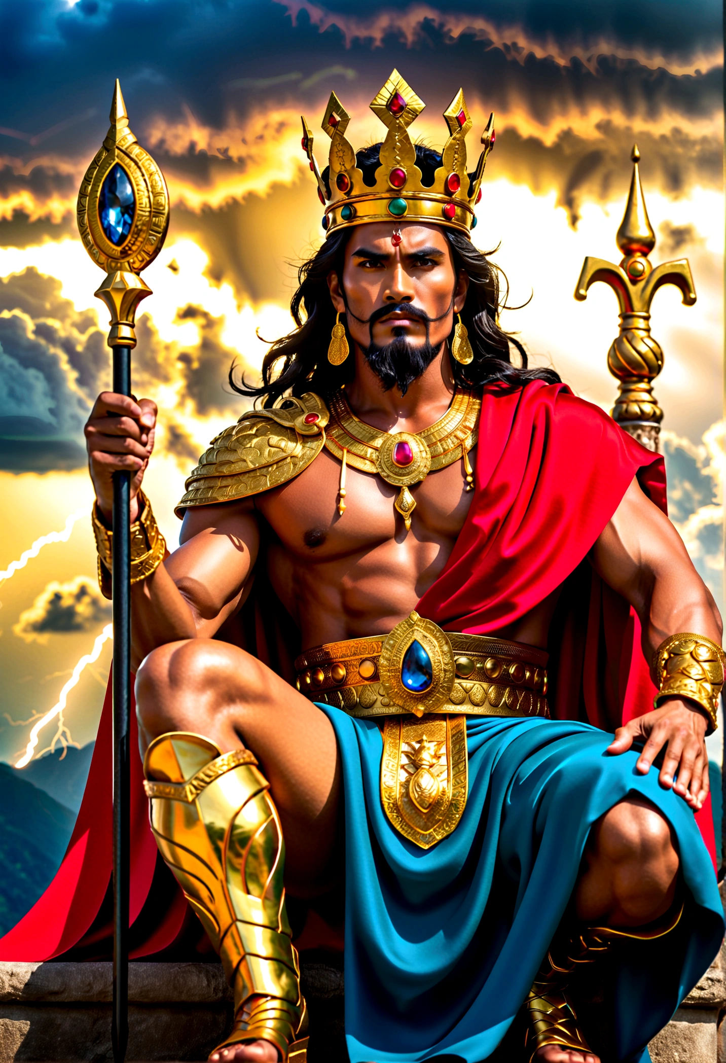 A majestic deity sitting on a gold throne, high atop a mountain, under a sky filled with dark, thunderous clouds. His crown, embedded with gems, signifies his status as a king. Strong and formidable, his hands wield a scepter radiating with the powerful energy of thunder. His attire is regal, made out of luxurious fabrics, bright as lightning. His face reflects wisdom and indomitable spirit, his eyes glow with a thunder-like intensity. His overall appearance emanates an aura of divinity and power, truly fit for the King of the Gods of Thunder