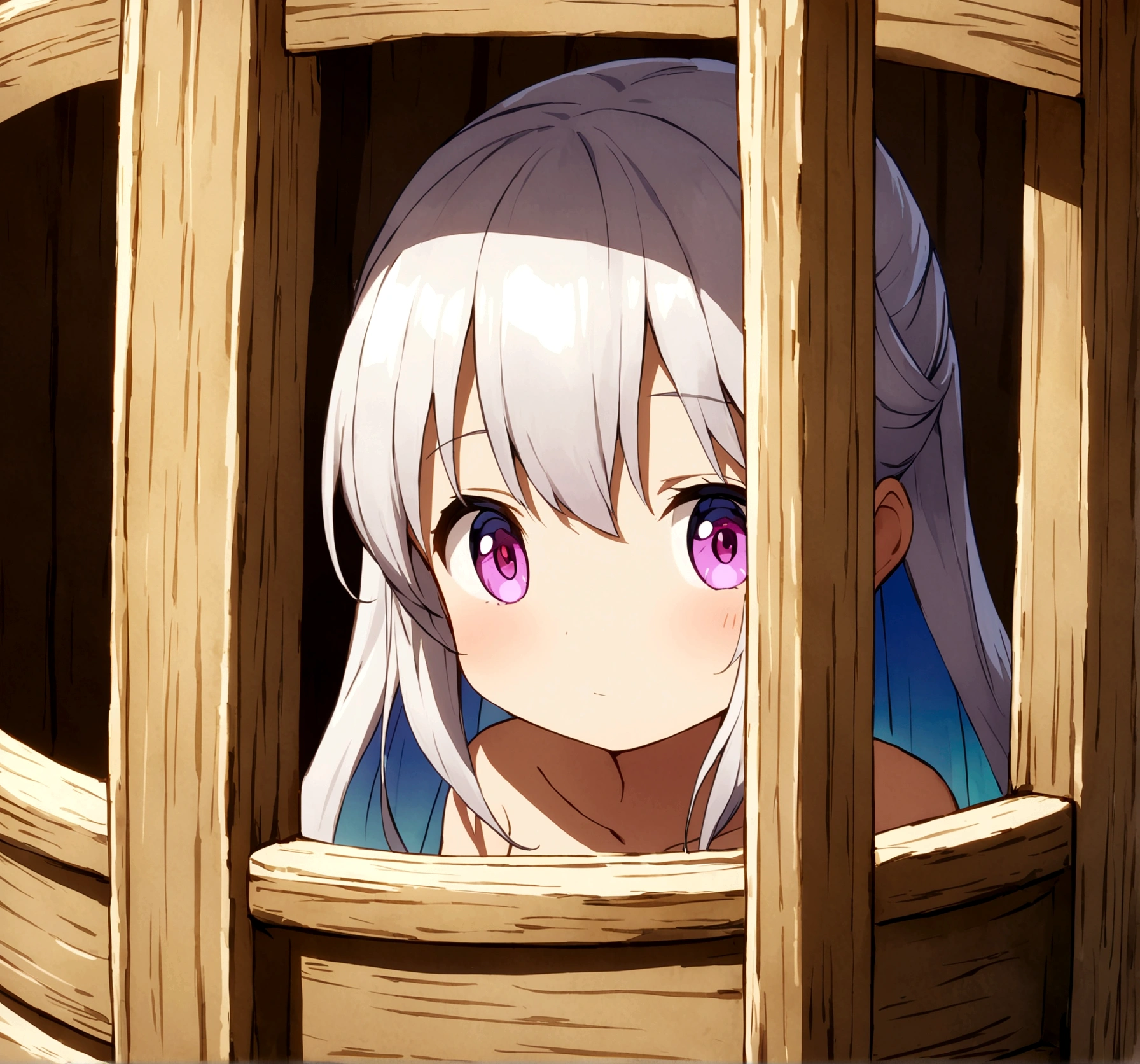fantasy anime medieval fairy small has normal skin color trapped inside a small wooden cage no background high detail 4k 8k