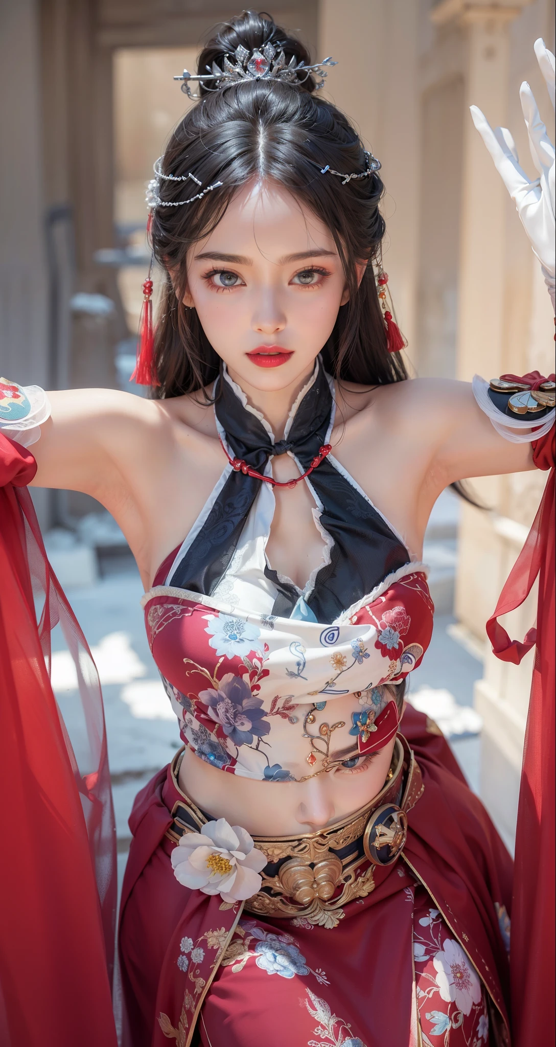 Realistic style,8k quality,Very detailed, Delicate face, Realistic style的照片, Stock Photography , Colorful, Surreal, Realistic textures, Dramatic Lighting, Distiller 800 (8K, original photo, Better quality, masterpiece: 1.2), Very detailed, (Extremely delicate skin: 1.2), 8K Ultra HD, SLR camera, Soft Light, high quality, Frozen queen, Queen, Snow Castle,Blue pupils,Wear red lipstick,Dressed in gorgeous Chinese Hanfu,