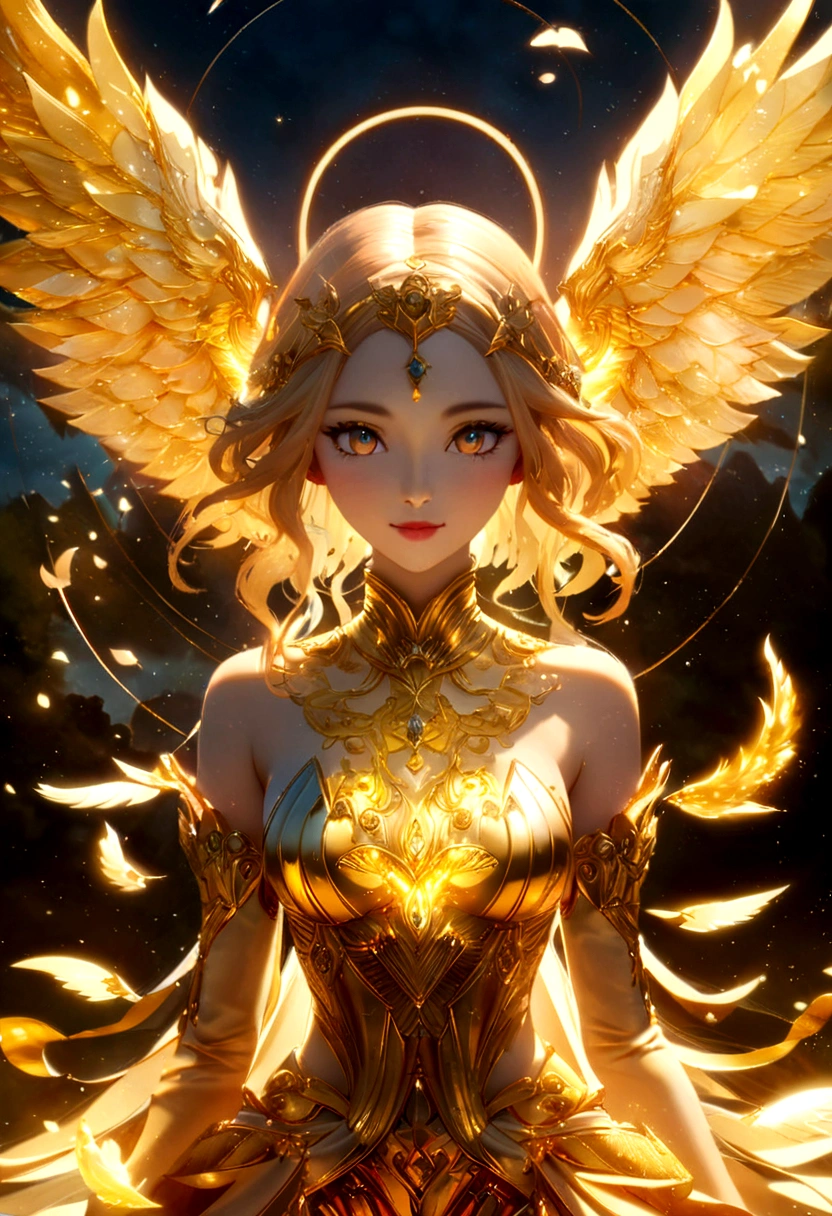 Woman with golden wings and a golden halo, Golden Armor of an Angel, Complex and gorgeous anime CGI style, With flaming golden wings, Goddess of Light, Shining golden aura, Anime Goddess, Detailed fantasy digital art, 8k high quality detailed art, Beautiful Fantasy Empress, 2. 5d cgi anime fantasy artwork, Golden Goddess Athena, Fantasy art style, epic Fantasy art style hd