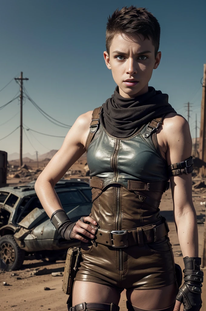 PLEASE fix image, remove, An androgynous female survivor in the wasteland riding a mad max type motorbike. Apocalyptic setting. Very short hair, freckles, Short manly haircut. brown hair with an undercut, very pale skin with freckles, Round soft face. Round soft chin. Round soft cheeks. Curved lips. Long wide nose. blue-grey eyes. ultra detailed eyes. Very thin, barely visible eyebrows. Slim, Long athletic legs. Friendly. Kind. Androgynous. Tomboyish. Wearing the used clothes of a wastelander, Background: An apocalyptic wasteland. Dusty and depressing