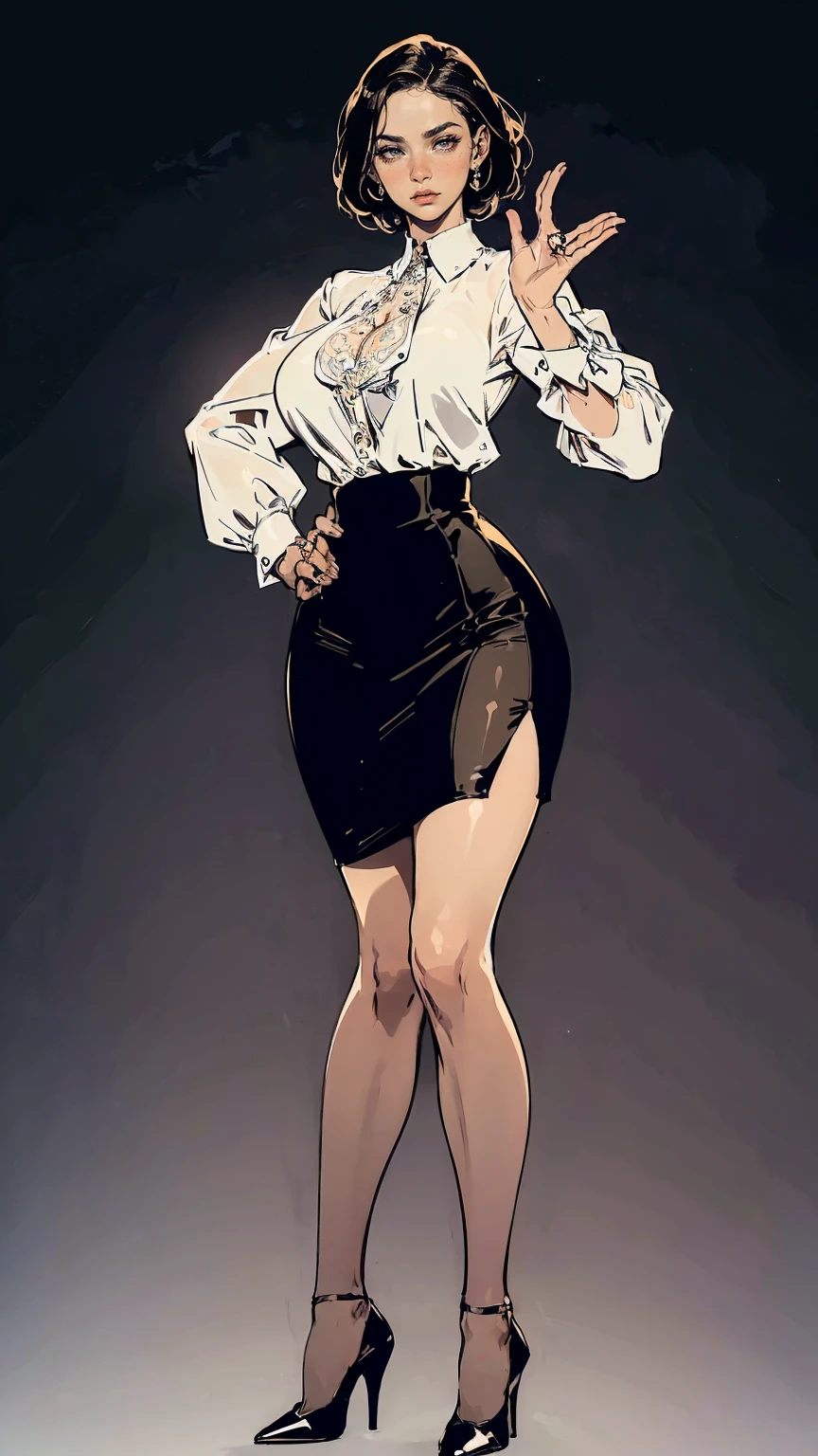((best quality,4k,highres,masterpiece:1.2)),((character concept art)), 1 female, 33-year-old university teacher, ((elegant, ethereal beauty, busty)), brunette hair, (fair skin colour), ultra finely detailed eyes (hazel eyes colour), hot, intelligent, educational enthusiast, slim body build, ((intricate detail)), super finely detailed hands, ultra finely detailed fingers(((ten fingers))), wearing outfit:((form-fitting blouse, very short pencil skirt, high heels, black stockings)), (standing professionally), (full body showcase), (show full body), (no logos on background), (no logo), ((plain background)), ((plain background)), (((empty background)))