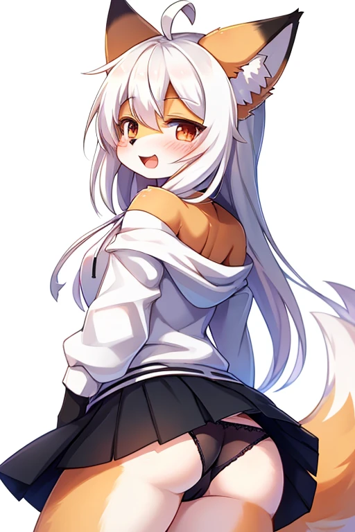 best quality, kemono, anime, female, furry, anthro, full body, solo, :d, ^_^, ahoge, animal_ear_fluff, animal_ears, bangs, bare_shoulders, blush, closed_eyes, detached_sleeves, fox_ears, fox_girl, fox_tail, gloves, hair_between_eyes, hood, hoodie, long_hair, open_mouth, simple_background, smile, solo, swaying, tail, upper_body, virtual_youtuber, white_background, white_hair, white_hoodie, white_sleeves, black_panties, panties, upskirt, sexy, sexy_panties, butt, ass